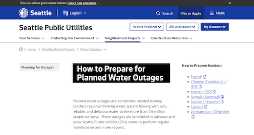 Example of a water utility website communicating a planned water interruption to customers