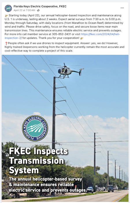 Municipal community engagement social media example from the Florida Keys about upcoming maintenance.