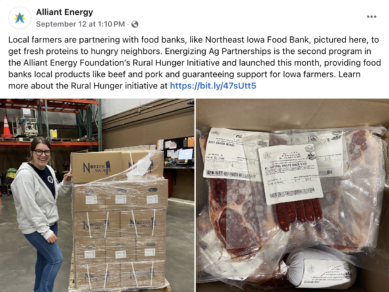 Social media example from Alliant Energy showcasing its partnership with the Northeast Iowa Food Bank as part of Alliant Energy's Rural Hunger Initiative.