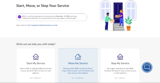 Example of a utility self service option designed for moving customers by Baltimore Gas and Electric (BGE).