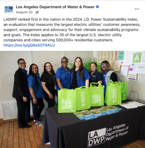 Social media example from LADWP highlighting their ranking in the 2024 J.D. Power Sustainability Index.