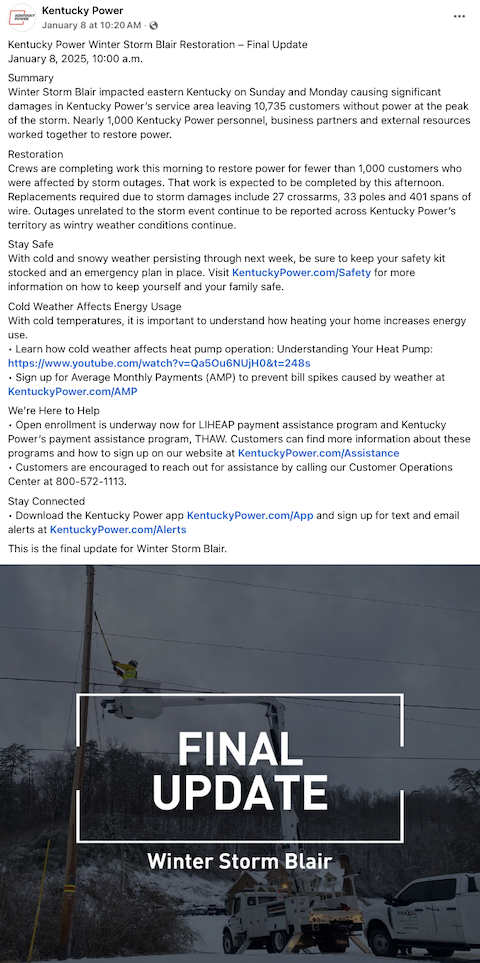 Example of a social media post for a utility to communicate storm readiness and outage preparation to customers