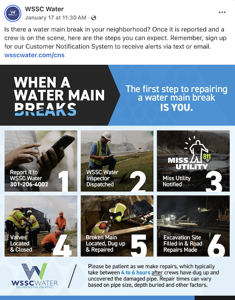 Example of a social media post to communicate about a water main break with utility customers